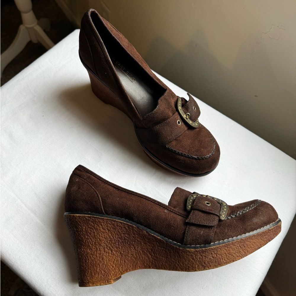 Y2K Lower East Side Brown Suede Wedge Loafers with a Metallic Buckle Side 8.5W